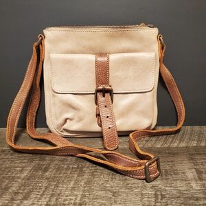 Roots Leather Womens Small Cream and Brown Crossbody Bag
